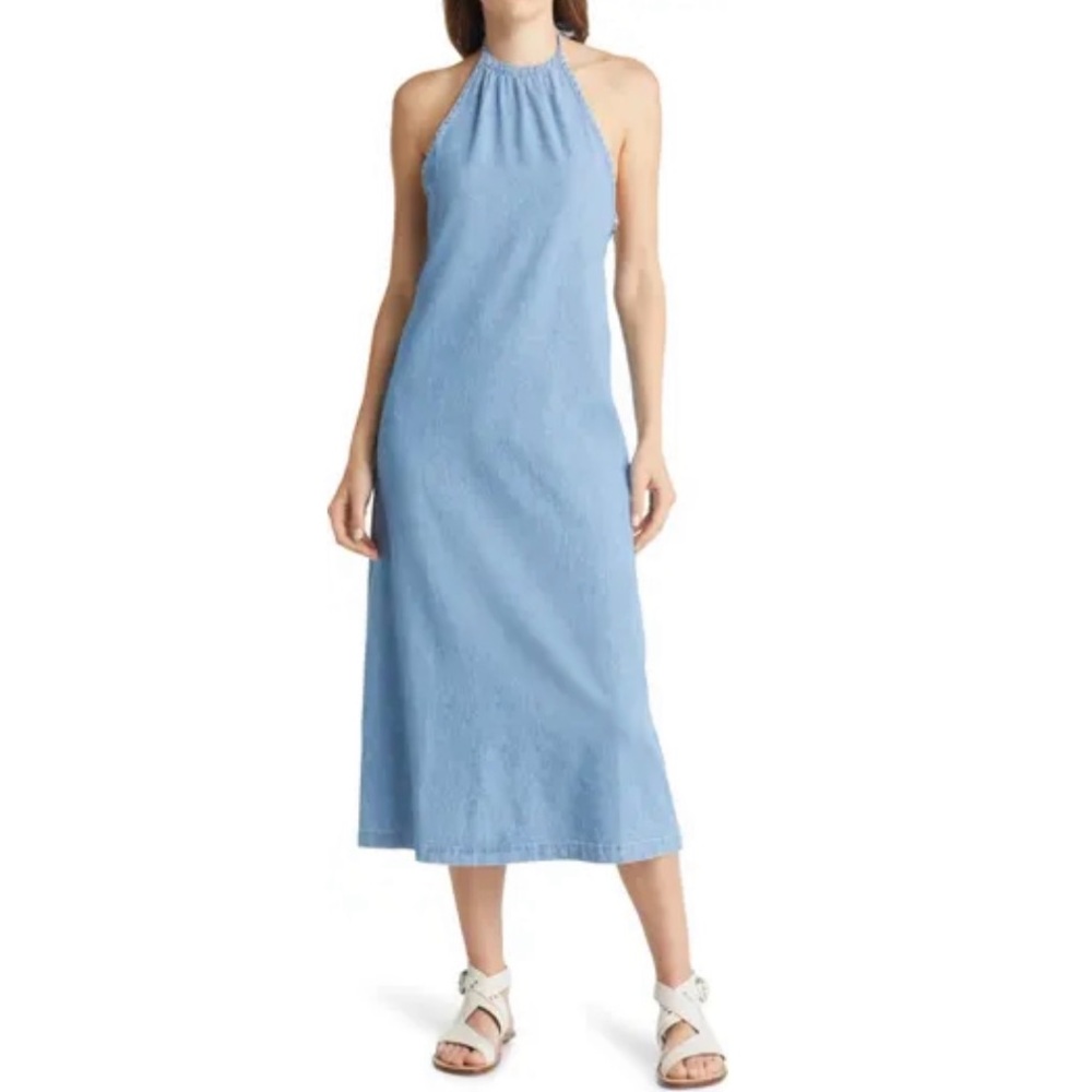 145. rag & bone Zoe Halter Cotton Chambray Maxi Dress in Tide, Size Medium